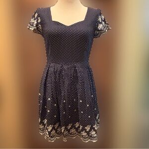 JUN & IVY Navy Blue Eyelet Polka Dot Dress Size Large
